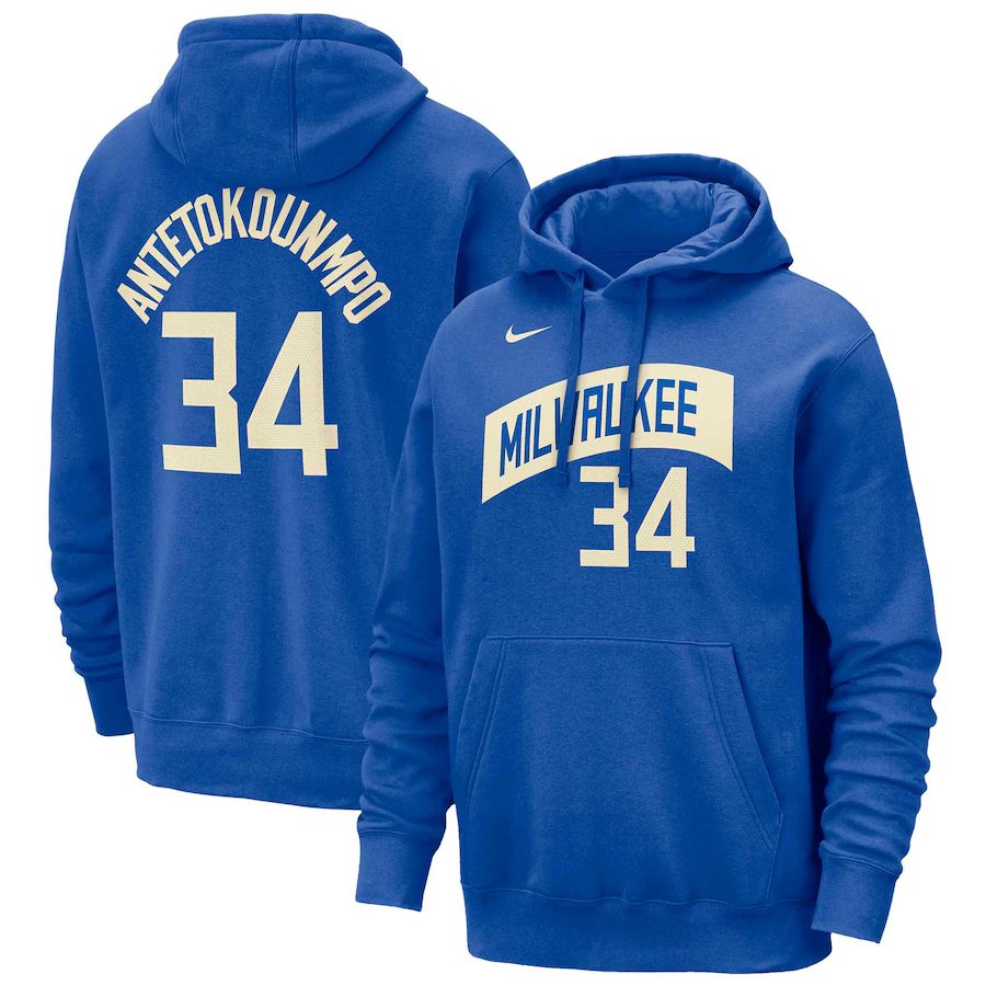 Men Milwaukee Bucks #34 Antetokounmpo Blue Nike Season city version Sweatshirts 23-24 NBA Jersey->golden state warriors->NBA Jersey